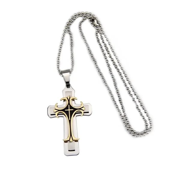 Men's Punk Two Tone Stainless Steel Cross Pendant Necklace - Picture 2 of 7